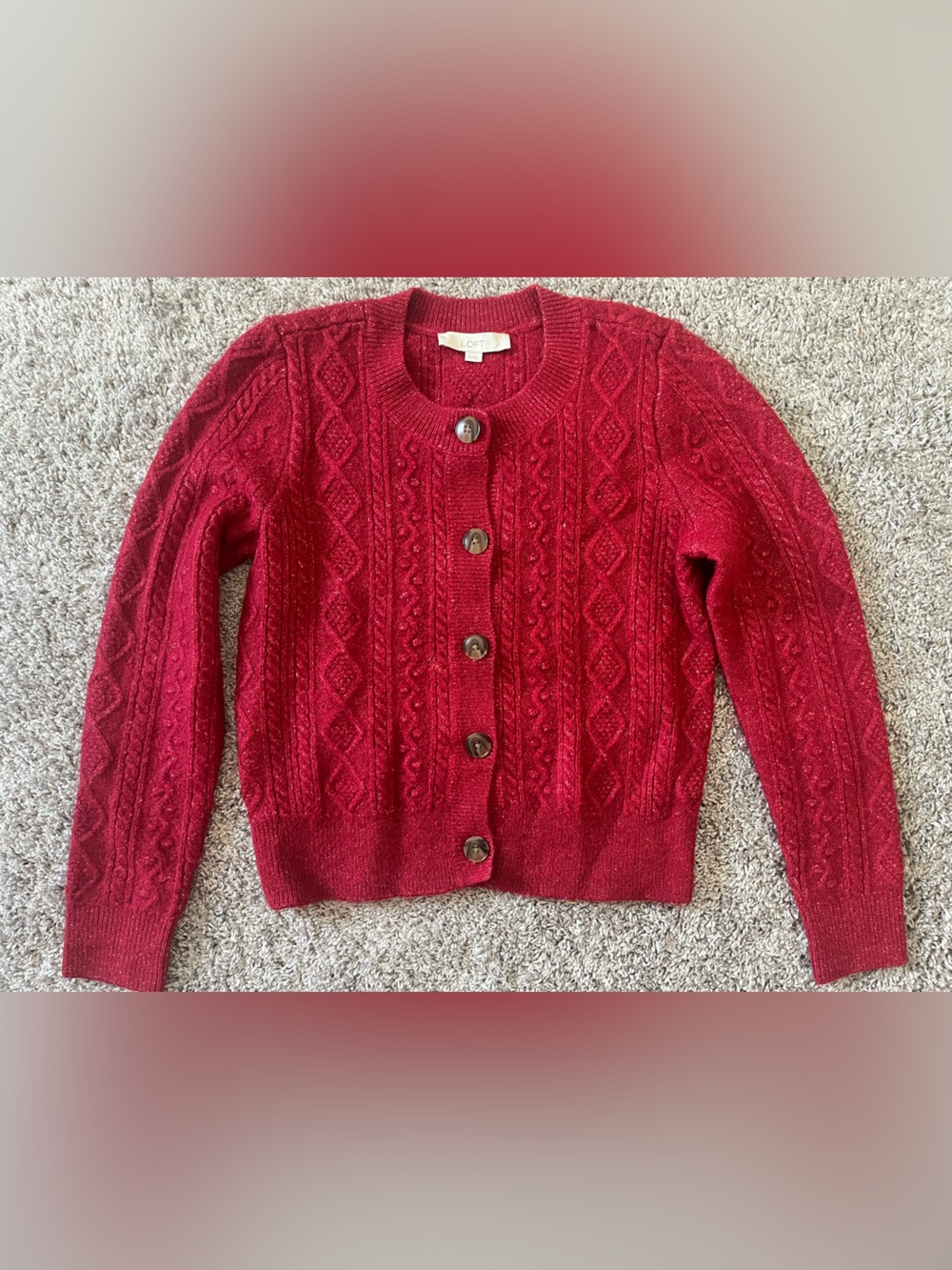 LOFT Red Cable-Knit Button-Front Cardigan